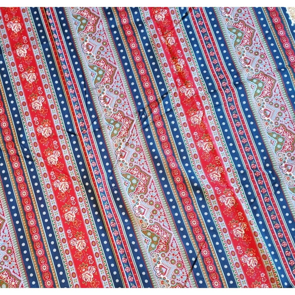 New Vtg 90s Cotton Cranston Print Works Fabric Blue Stipe Floral Red 1.5 yd